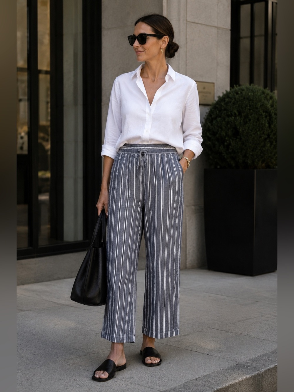 GAP Women’s Navy White Linen Vertical Stripe Drawstring Wide Leg Pants L